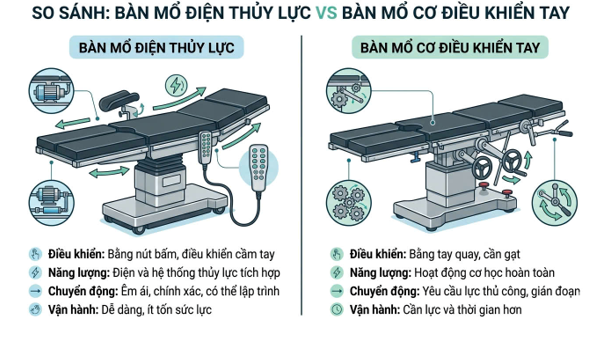 SO SÁNH: BÀN MỔ ĐIỆN THỦY LỰC VS BÀN MỔ CƠ CƠ ĐIỀU KHIỂN TAY